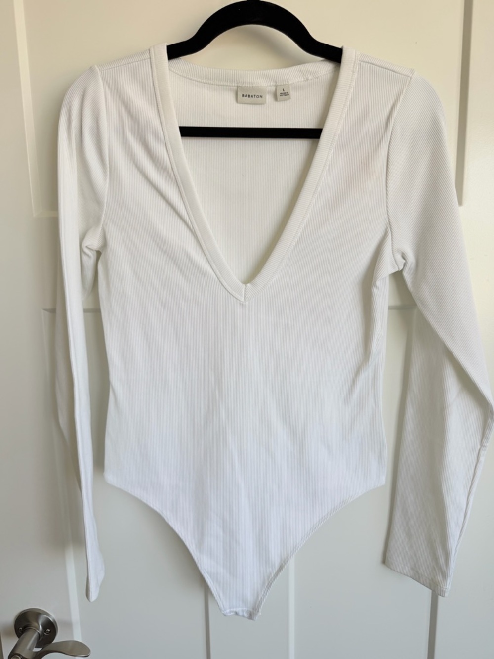 Babaton White Ribbed V-Neck Bodysuit